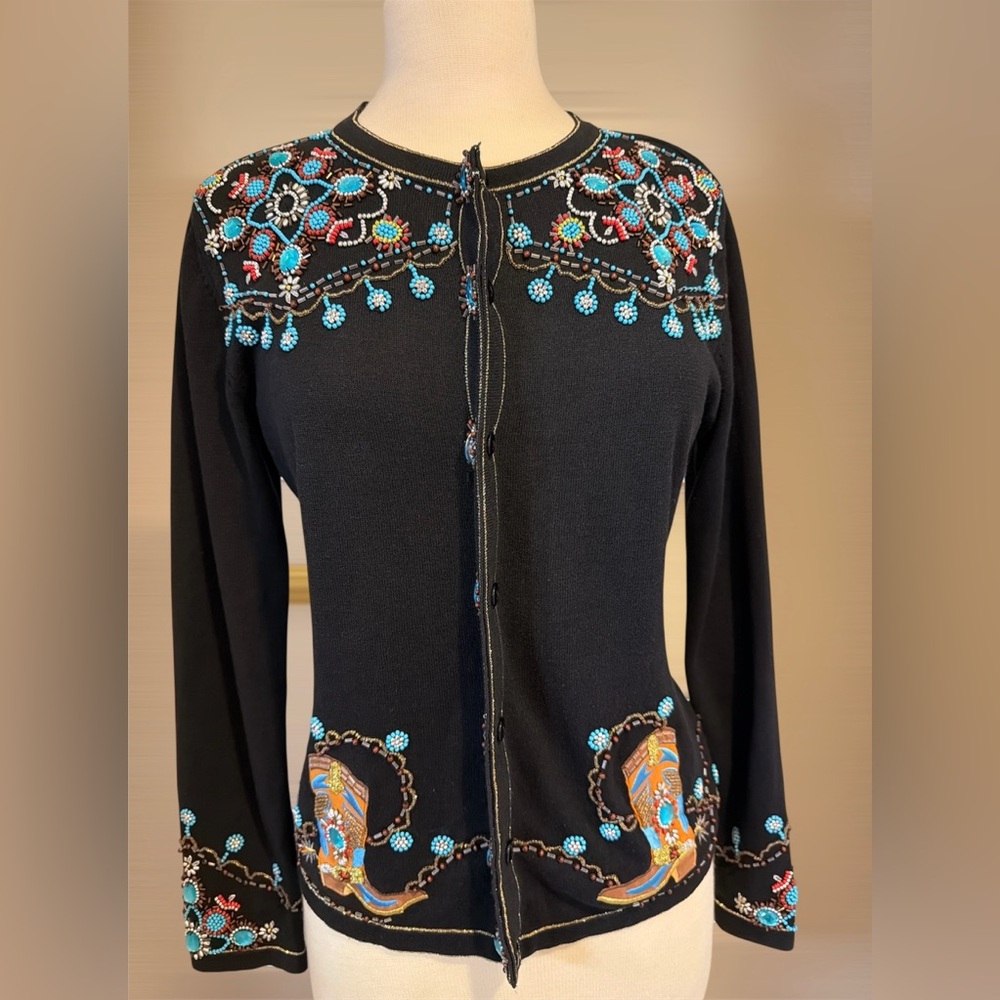 Embroidered Black Cardigan with Colorful Accents